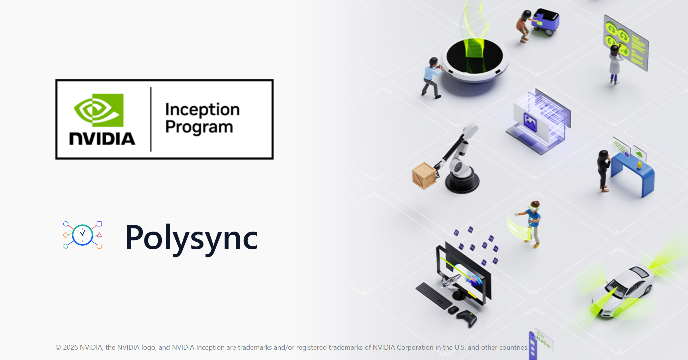 The official NVIDIA Inception program badge (the NVIDIA logo above the words Inception Program) with the Polysync logo below it, on NVIDIA's member artwork showing a connected ecosystem of scenes around a central hub. Small print at the bottom reads: © 2026 NVIDIA, the NVIDIA logo, and NVIDIA Inception are trademarks and/or registered trademarks of NVIDIA Corporation in the U.S. and other countries.