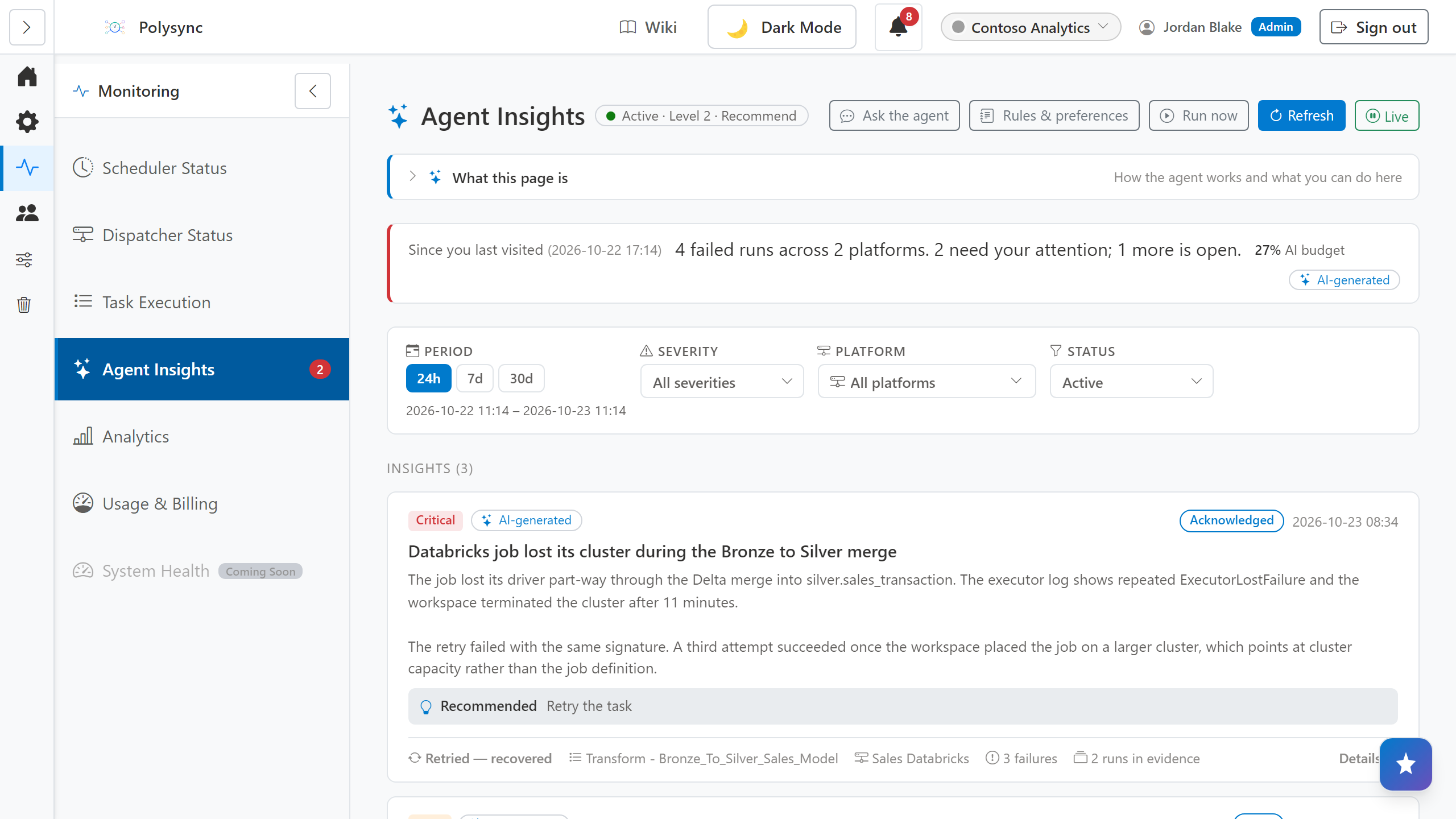 Agent Insights tab listing the failures the agent explained and what needs attention